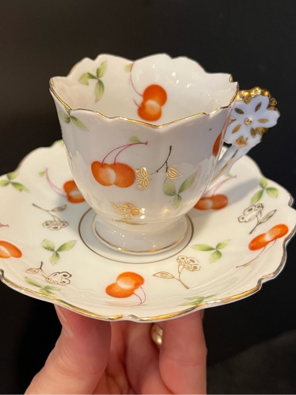 VTG Ucagco Demitasse Cup & Saucer with Cherry Motif & Gold Trim Made Occ. Japan